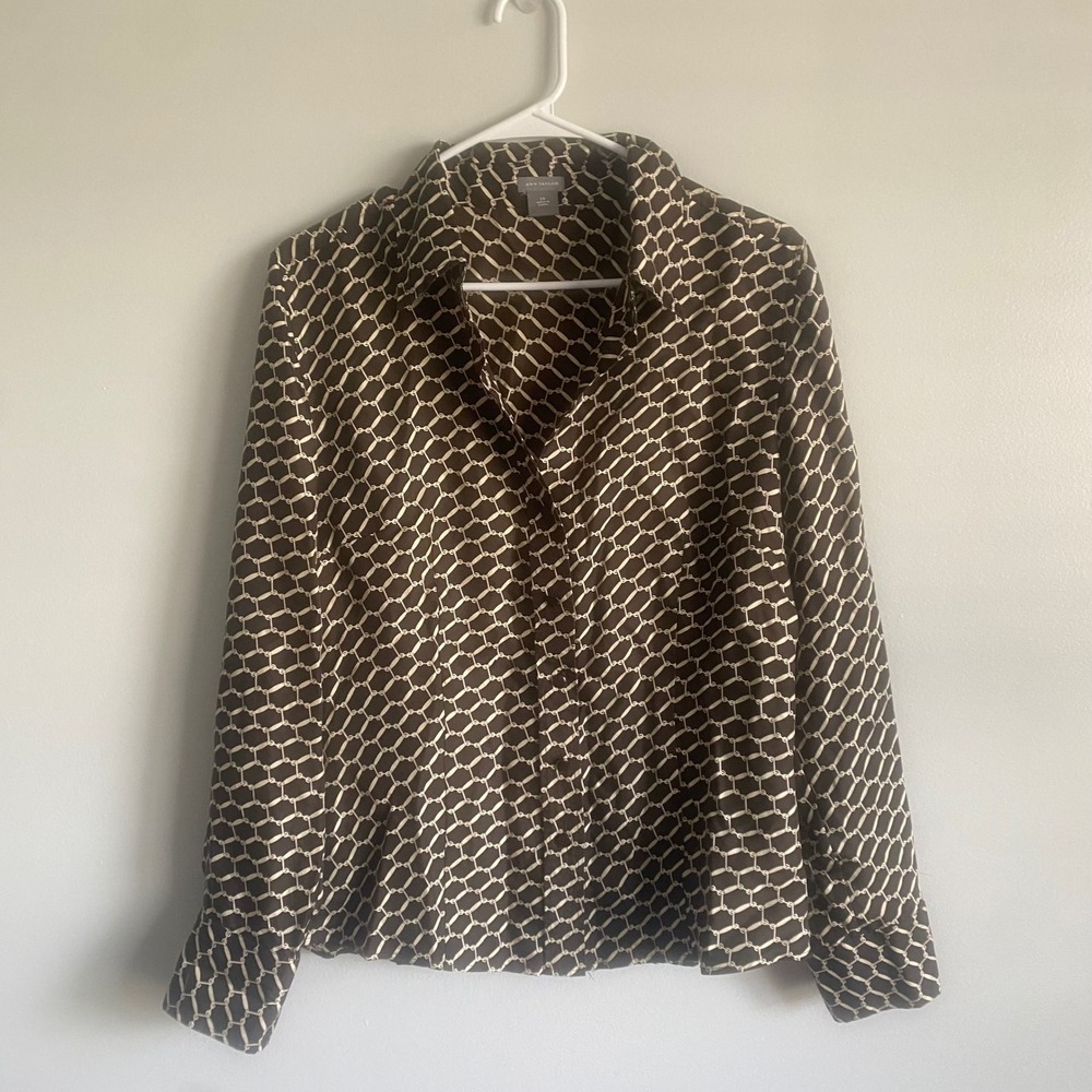 Ann Taylor Womens 100% Silk Brown Cream Button Down Blouse Size 14